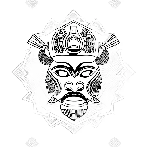 Combine The Elements Of A Samurai Mask And An African Mask Into A Single Design