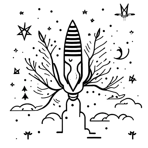 A Mystical Forest With A Rocket Launching Into The Night Sky