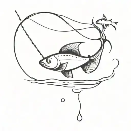 A Minimalist Tattoo Of A Fishing Rod With A Fish Jumping Out Of The Water