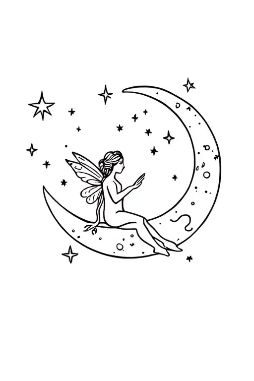 Fairy Sitting On Moon Surrounded By Stars