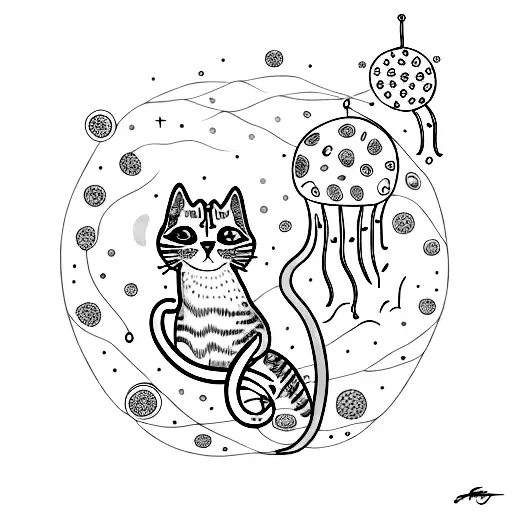 A Realistic Portrait Of A Cat Surrounded By Floating Jellyfish In A Starry Night Sky