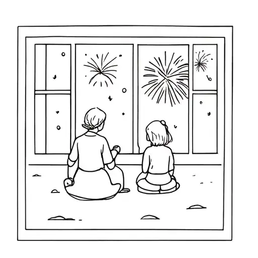 Minimalist Line Tattoo Of A Grandma And A Girl Sitting By The Window Watching Fireworks