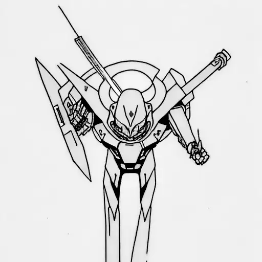 A Minimalist Tattoo Of An Evangelion Unit-01 With A Bloody And Torn Berserk Sword