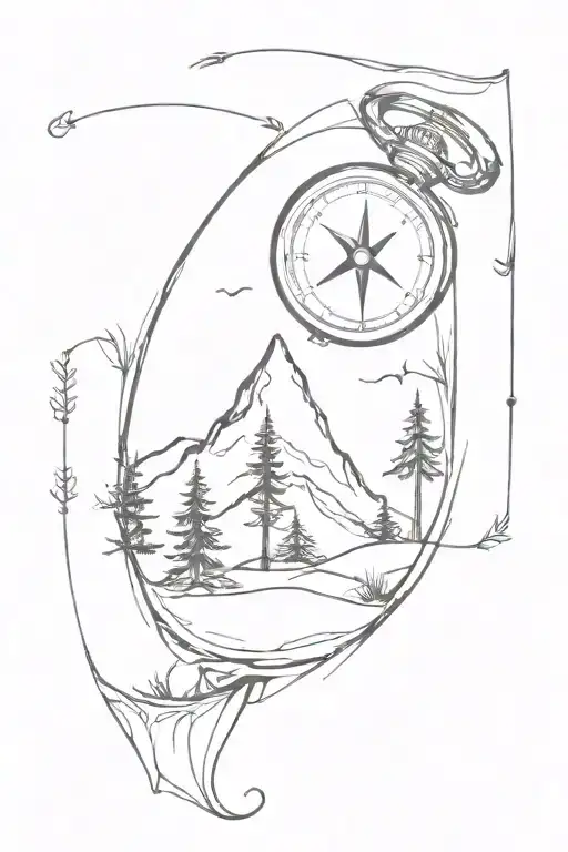Small And Light Tatoo With Pine Tree Mountain Hour Glass Compass Combined Together