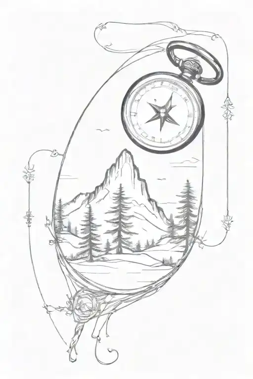Small And Light Tatoo With Pine Tree Mountain Hour Glass Compass Combined Together