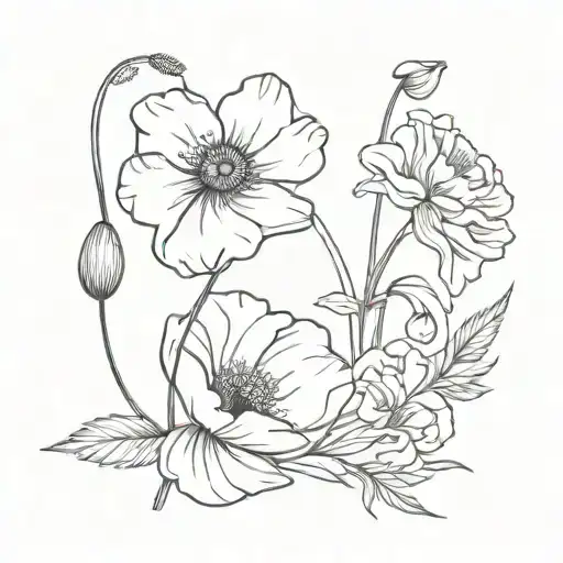 Sampaguita Flower And Poppy Flower With Bow Fine Line