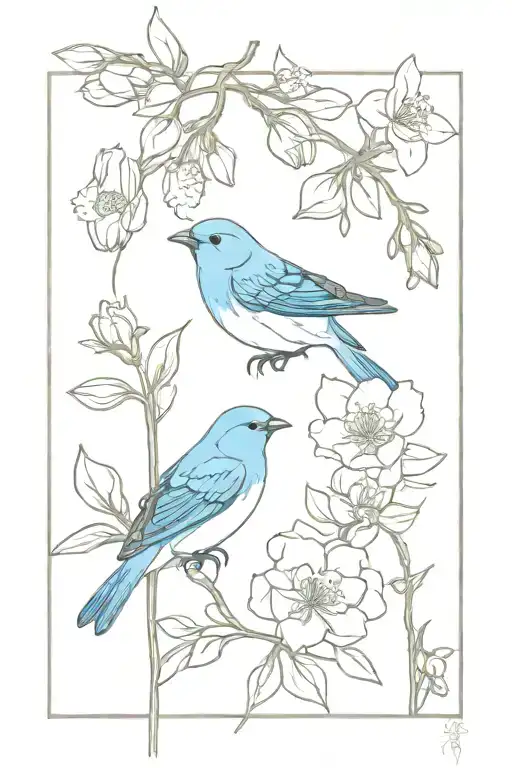 Indigo Bunting And Japanese Kerry Rose Flowers