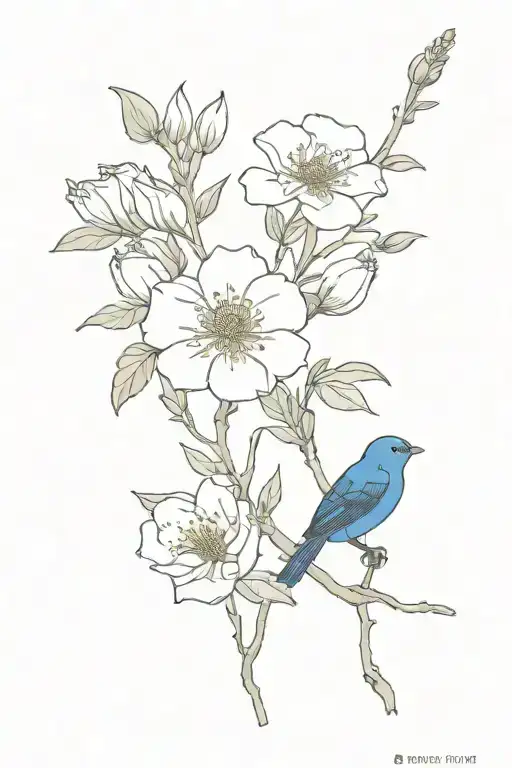Japanese Kerry Rose Flowers And Indigo Bunting