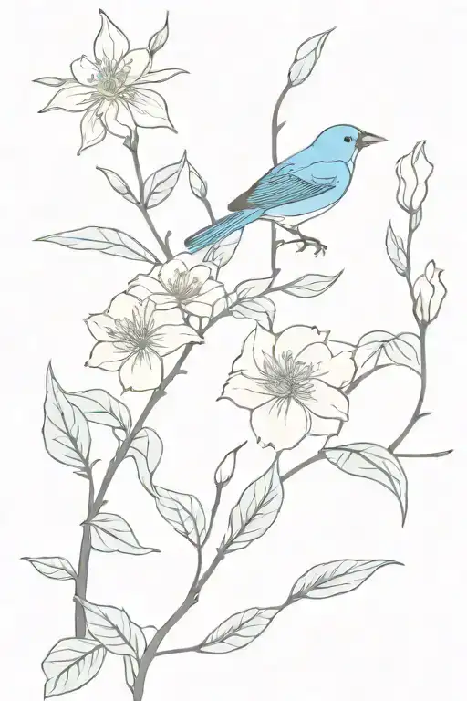 Japanese Kerry Rose Flowers And Indigo Bunting