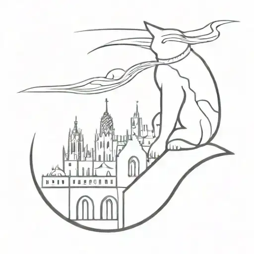 Gaudi Architecture In Barcelona Skyline With A Black Cat Sitting On A Rooftop