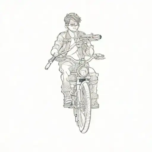 A Boy Riding A Bike With A Gun