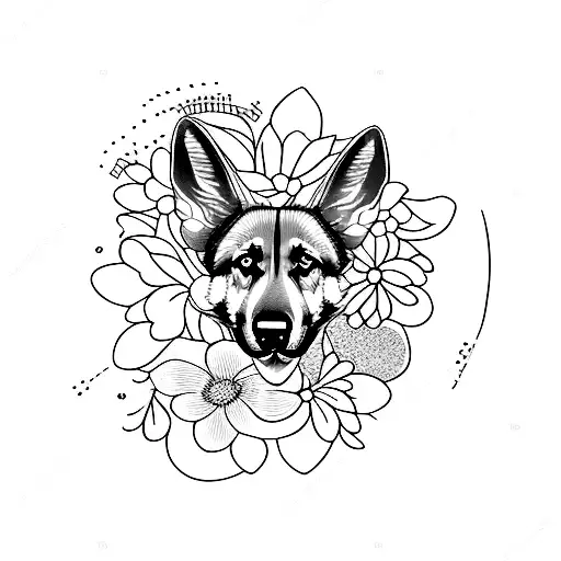German Shepherd Portrait Surrounded By Delicate Dotwork Flowers