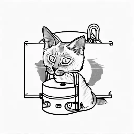 A Minimalist Tattoo Of A Siamese Cat Sitting On Top Of A Vintage Suitcase