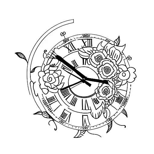 A Minimalist Tattoo Of A Clock Surrounded By Blooming Flowers And Garden Trees