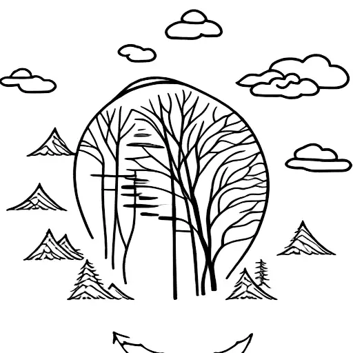 A Black-grey Tattoo Of A Forest Scene With A Winding Road Leading Into The Distance