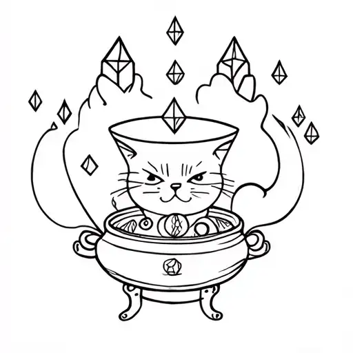 Cauldron And Crystals And Cat