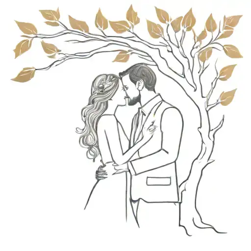 A Bride And Groom Kissing In Front Of A Tree