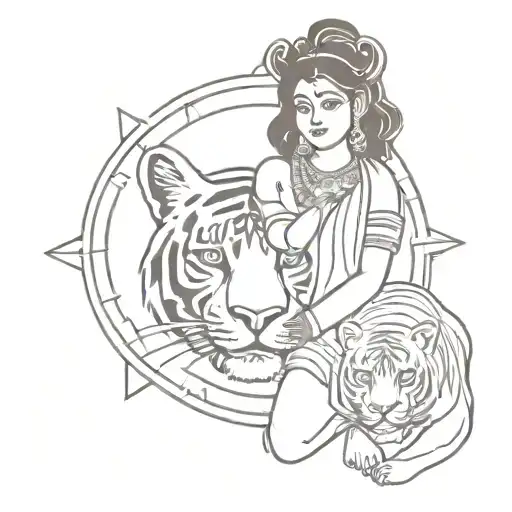 Durga With Tiger Surrounded