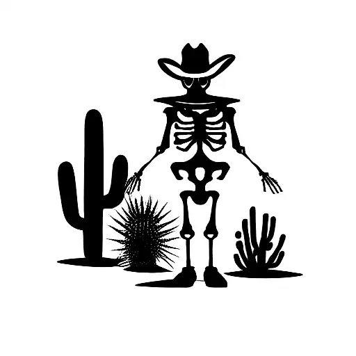 Skeleton Cowboy In The Desert Next To A Cactus
