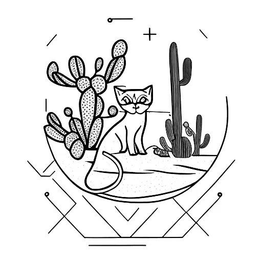 A Minimalist Tattoo Of A Cat Lounging On A Cactus In A Desert Landscape