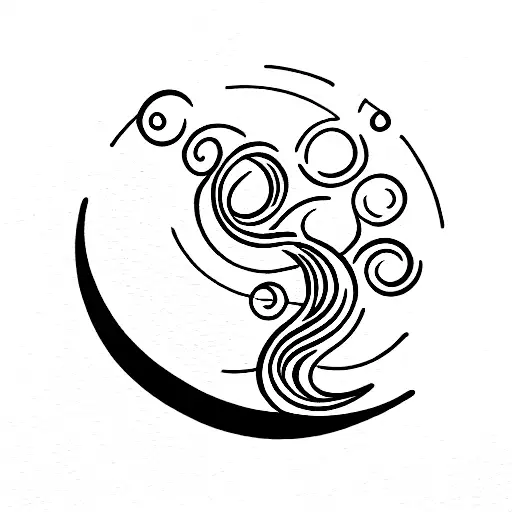 Cresent Moon With A Stream Of Water Curling Around It Like A Vine