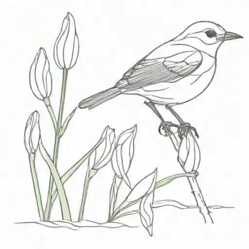 Outline Of Robin With Red Brest On Snowdrop Flower Intertwined