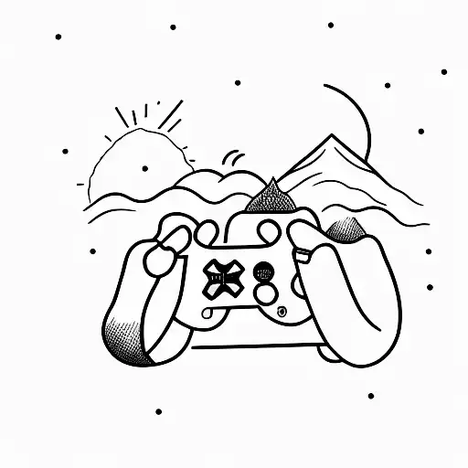 A Minimalist Tattoo Of A Game Controller Surrounded By Mountain Peaks