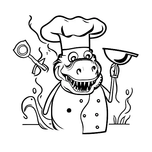 A T-rex Chef Wearing A Chef Hat And Holding A T-rex Knife In One Hand And A Frying Pan In The Other