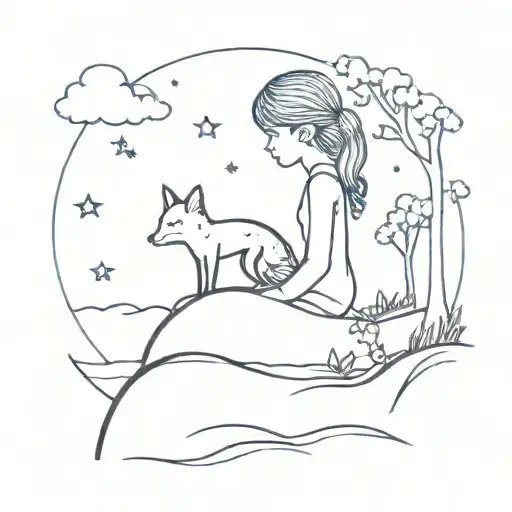 Girl Silhouette With Fox Under Stars By The River
