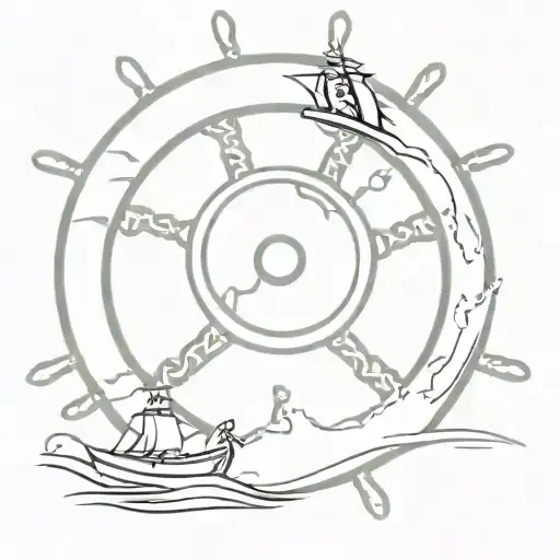 Pirate Hip On Waves Sailing Out Of A Boat Steering Wheel