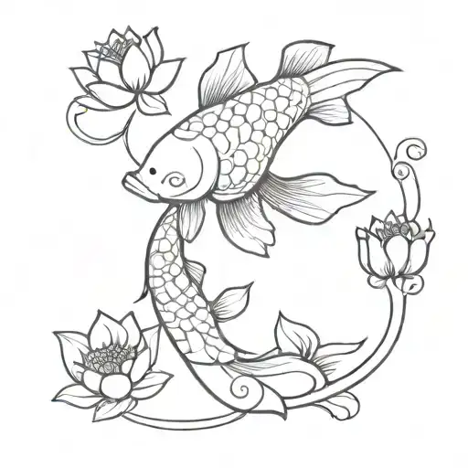 Koi Fish And Lotus Flowers