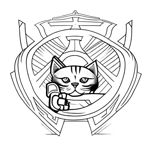 A Minimalist Tattoo Of A Cat Silhouette Holding Thor's Hammer And Captain America's Shield