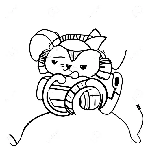 A Minimalist Tattoo Of A Cat Wearing Headphones And Sitting On A Stack Of Books