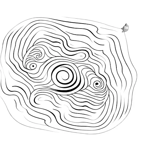 A Minimalist Tattoo Of A Wave Breaking Against A Surfboard With Wind Gusts In The Background