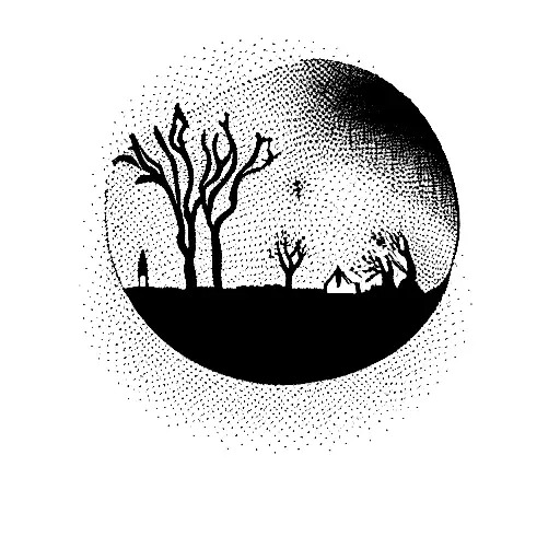 Dark Silhouette Of Trees With A Van Gough Style Sunset In The Back