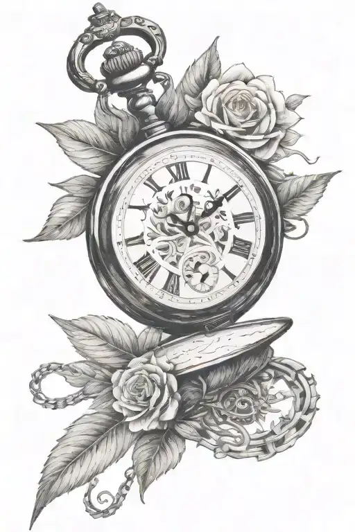 Pocket Watch With Greenery Black And White Drawing