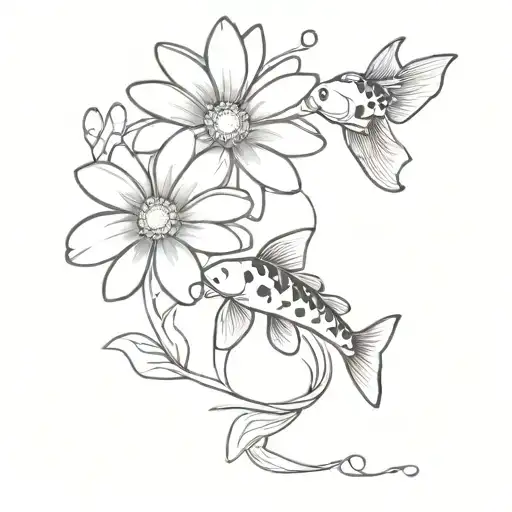 Daisy Flower With Koi Fish Swimming