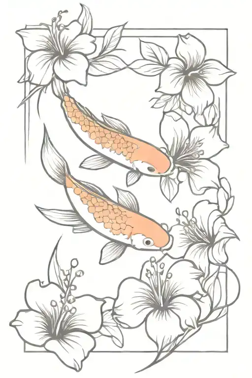 Koi Fish And Hibiscus Flowers