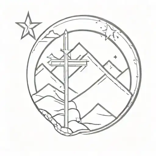 Christian Cross With Stars And Mountains