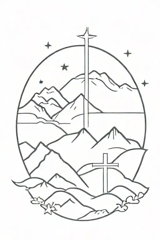 Christian Cross With Stars And Mountains