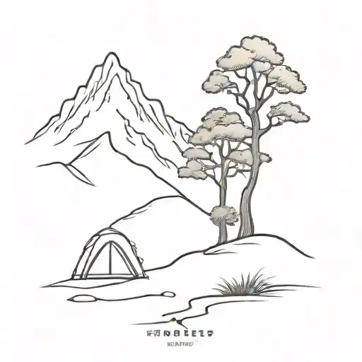 Footsteps Heading Towards A Mountain With Tent With A Tree