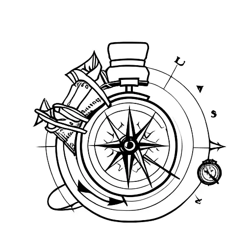 A Minimalist Tattoo Of A Bookshelf With Hiking Boots And A Compass