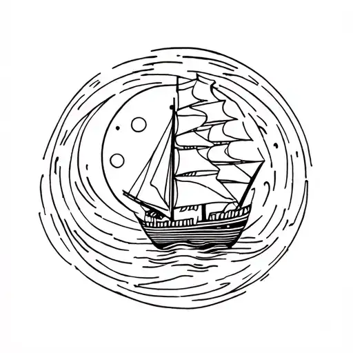 Black And Grey Lines Creating A Figure Of A Sailing Boat Going To The Moon