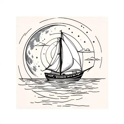 Black And Grey Lines Creating A Figure Of A Sailing Boat Going To The Moon