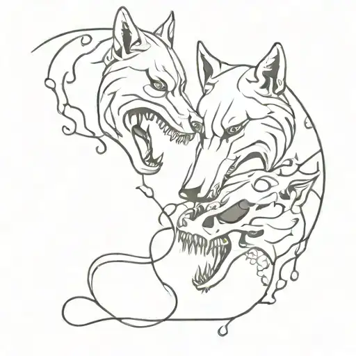 Outlines Of Two Black Wolves Gnawing A Human Skull Entwined With Vines