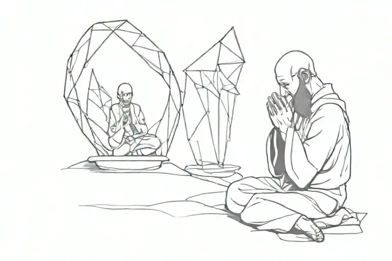 Little Spirits In Priest's Clothes Praying Around A Large Crystal Containing One Of Them