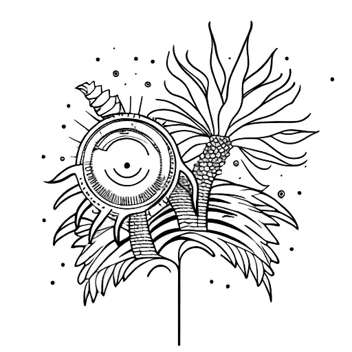 Forearm Tattoo Woth A Frame In Which There Are Two Realistic Palm Trees And One Colored Sun