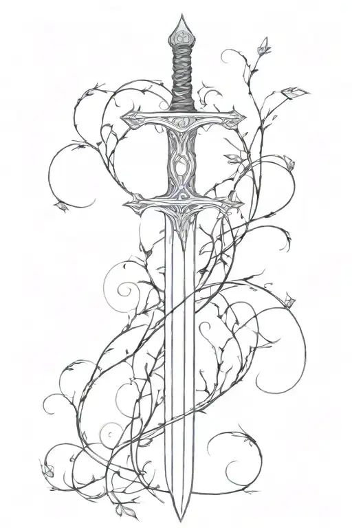 A Big Sword With Vines And Cool Designs With Thick And Thin Lines