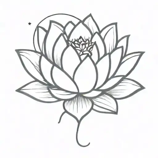 Lotus Flower With Fine Lines And The Moon