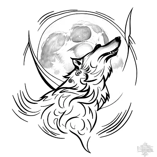 A Tattoo Design Of A Lone Wolf Howling At The Moon With Musical Notes Incorporated In The Background